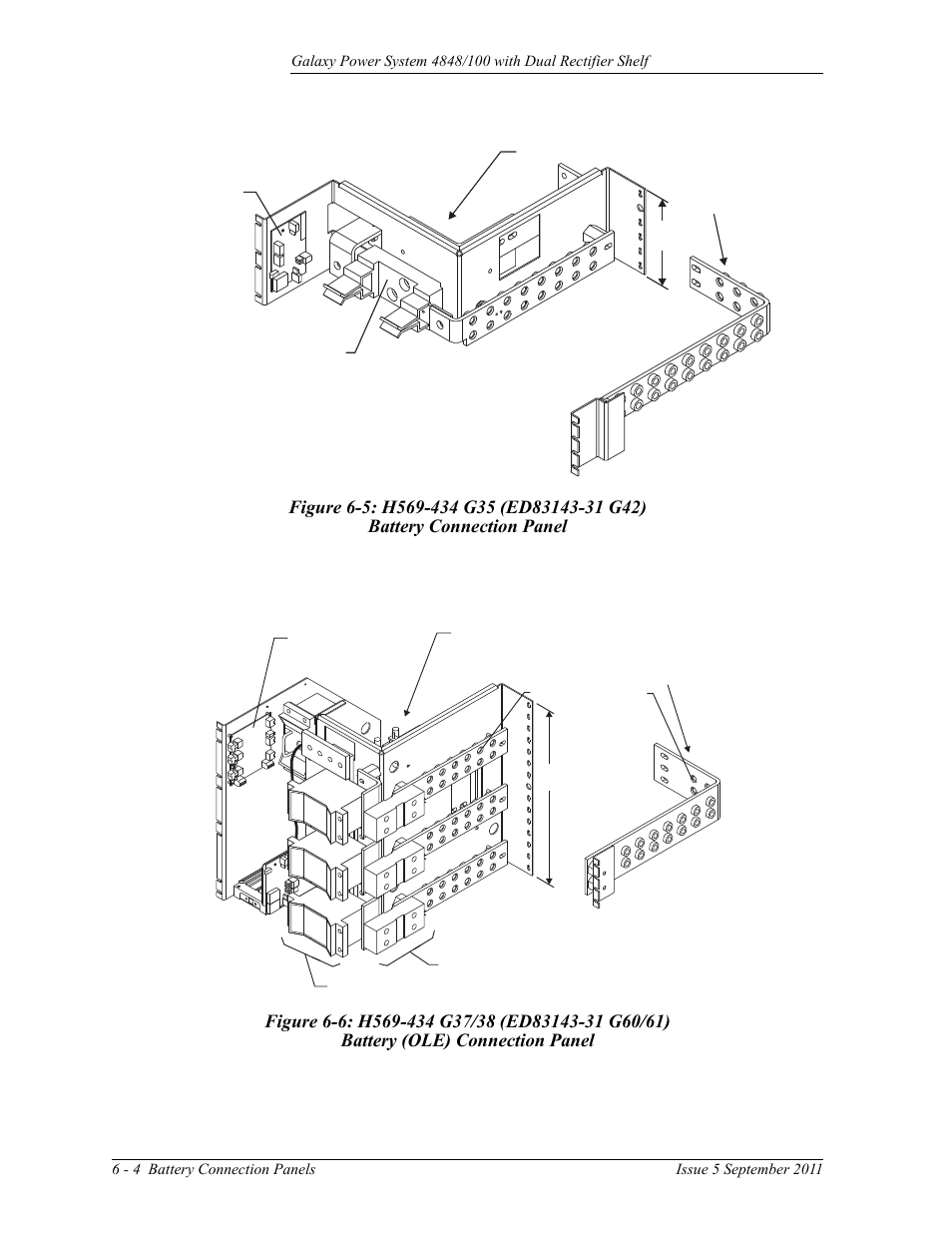 Figure 6-5: h569-434 g35 (ed83143-31 g42), Battery connection panel, Figure 6-6: h569-434 g37/38 (ed83143-31 g60/61) | Battery (ole) connection panel | GE Industrial Solutions GPS 4848_100 Users Guide (dual rectifier shelf) User Manual | Page 48 / 118