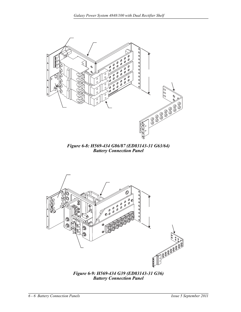 Figure 6-8: h569-434 g86/87 (ed83143-31 g63/64), Battery connection panel, Figure 6-9: h569-434 g39 (ed83143-31 g36) | GE Industrial Solutions GPS 4848_100 Users Guide (dual rectifier shelf) User Manual | Page 50 / 118