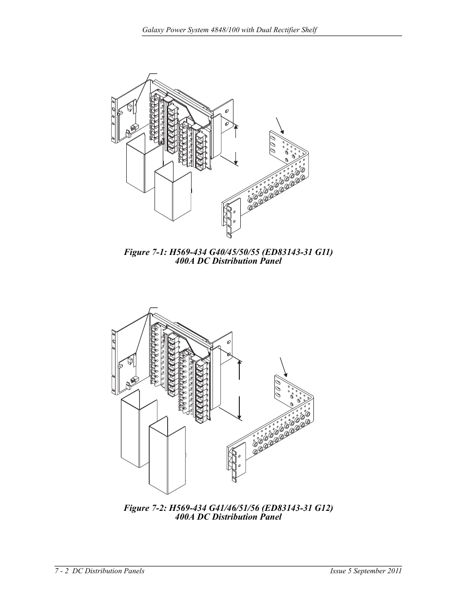 Figure 7-1: h569-434 g40/45/50/55 (ed83143-31 g11), 400a dc distribution panel, Figure 7-2: h569-434 g41/46/51/56 (ed83143-31 g12) | GE Industrial Solutions GPS 4848_100 Users Guide (dual rectifier shelf) User Manual | Page 52 / 118
