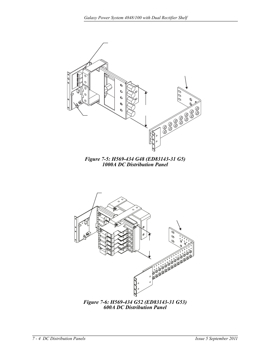 Figure 7-5: h569-434 g48 (ed83143-31 g5), 1000a dc distribution panel, Figure 7-6: h569-434 g52 (ed83143-31 g53) | 600a dc distribution panel | GE Industrial Solutions GPS 4848_100 Users Guide (dual rectifier shelf) User Manual | Page 54 / 118