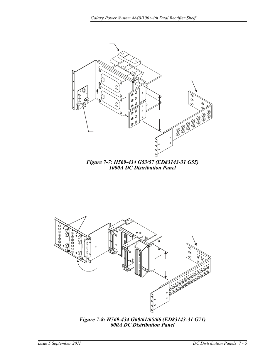 Figure 7-7: h569-434 g53/57 (ed83143-31 g55), 1000a dc distribution panel, Figure 7-8: h569-434 g60/61/65/66 (ed83143-31 g71) | 600a dc distribution panel | GE Industrial Solutions GPS 4848_100 Users Guide (dual rectifier shelf) User Manual | Page 55 / 118
