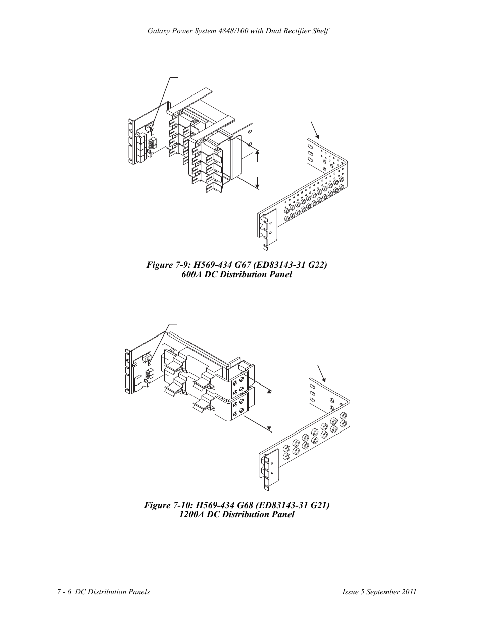 Figure 7-9: h569-434 g67 (ed83143-31 g22), 600a dc distribution panel, Figure 7-10: h569-434 g68 (ed83143-31 g21) | 1200a dc distribution panel | GE Industrial Solutions GPS 4848_100 Users Guide (dual rectifier shelf) User Manual | Page 56 / 118