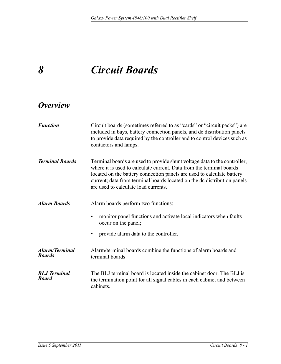 Circuit boards, Overview, Function | Terminal boards, Alarm boards, Alarm/terminal boards, Blj terminal board, 8 circuit boards, Overview 8-1, Function 8-1 terminal boards | GE Industrial Solutions GPS 4848_100 Users Guide (dual rectifier shelf) User Manual | Page 61 / 118