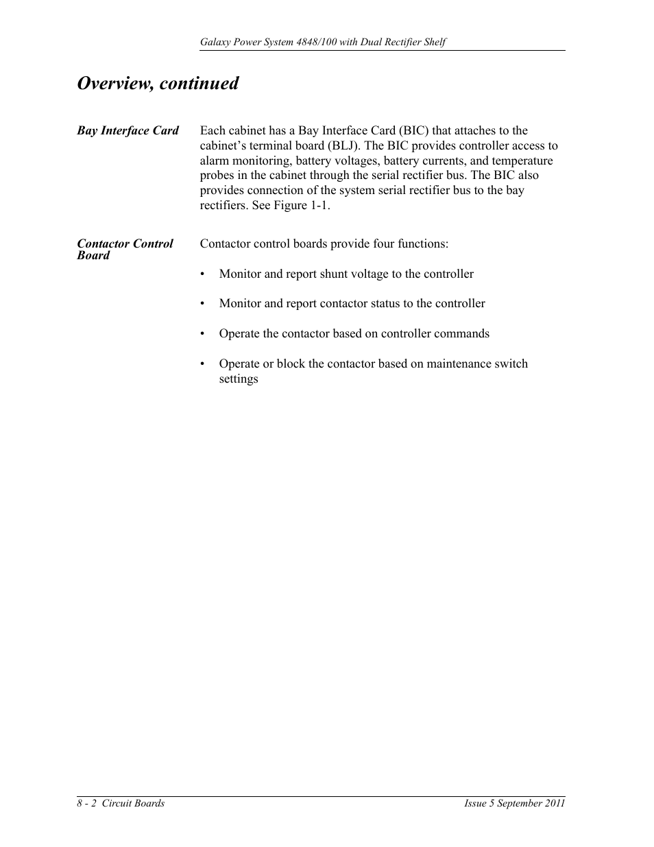 Bay interface card, Contactor control board, Overview, continued | GE Industrial Solutions GPS 4848_100 Users Guide (dual rectifier shelf) User Manual | Page 62 / 118