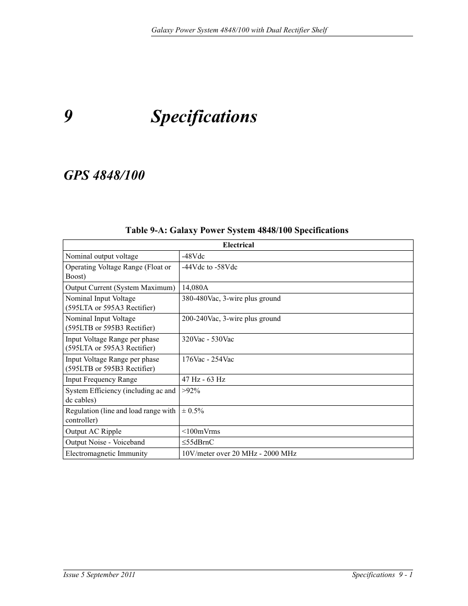 Specifications, Gps 4848/100, 9 specifications | 9specifications | GE Industrial Solutions GPS 4848_100 Users Guide (dual rectifier shelf) User Manual | Page 63 / 118