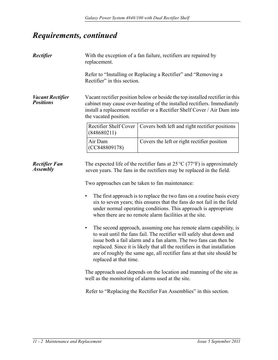 Rectifier, Vacant rectifier positions, Rectifier fan assembly | Rectifier 11-2 vacant rectifier positions, Requirements, continued | GE Industrial Solutions GPS 4848_100 Users Guide (dual rectifier shelf) User Manual | Page 74 / 118