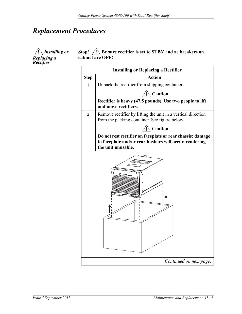 Replacement procedures, Installing or replacing a rectifier | GE Industrial Solutions GPS 4848_100 Users Guide (dual rectifier shelf) User Manual | Page 75 / 118