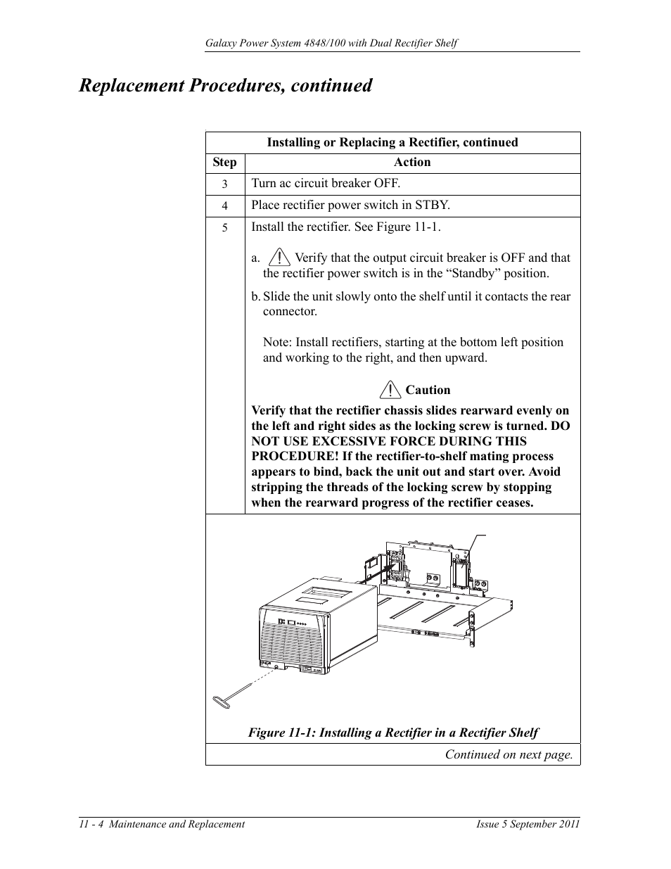 Replacement procedures, continued, Turn ac circuit breaker off, Place rectifier power switch in stby | GE Industrial Solutions GPS 4848_100 Users Guide (dual rectifier shelf) User Manual | Page 76 / 118