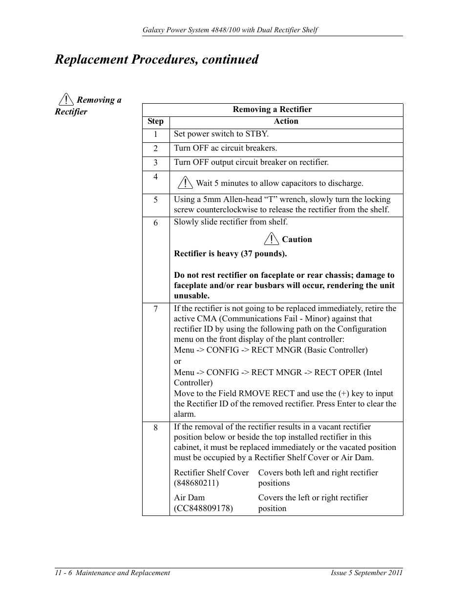 Removing a rectifier, Replacement procedures, continued | GE Industrial Solutions GPS 4848_100 Users Guide (dual rectifier shelf) User Manual | Page 78 / 118