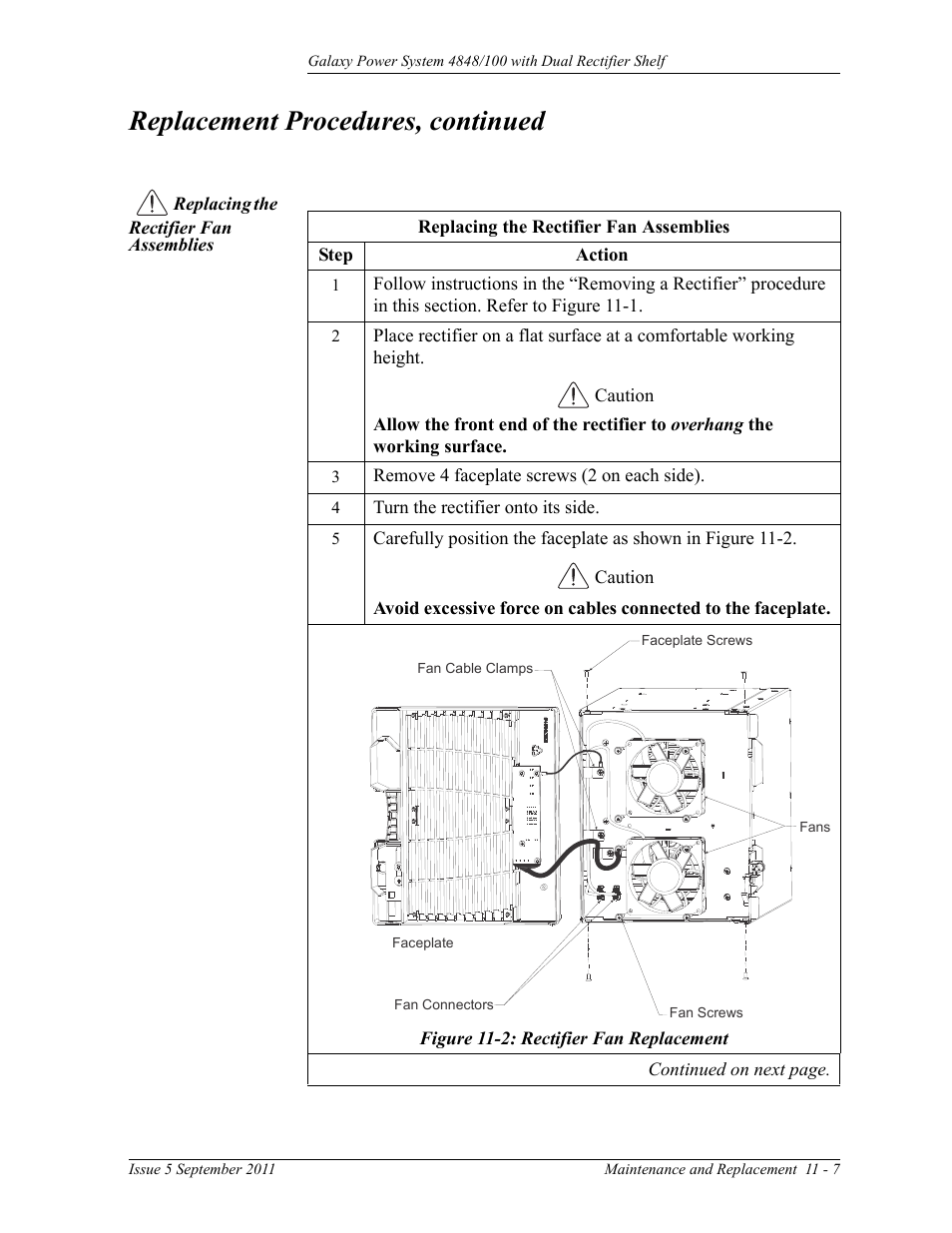 Replacing the rectifier fan assemblies, Figure 11-2: rectifier fan replacement, Replacement procedures, continued | GE Industrial Solutions GPS 4848_100 Users Guide (dual rectifier shelf) User Manual | Page 79 / 118
