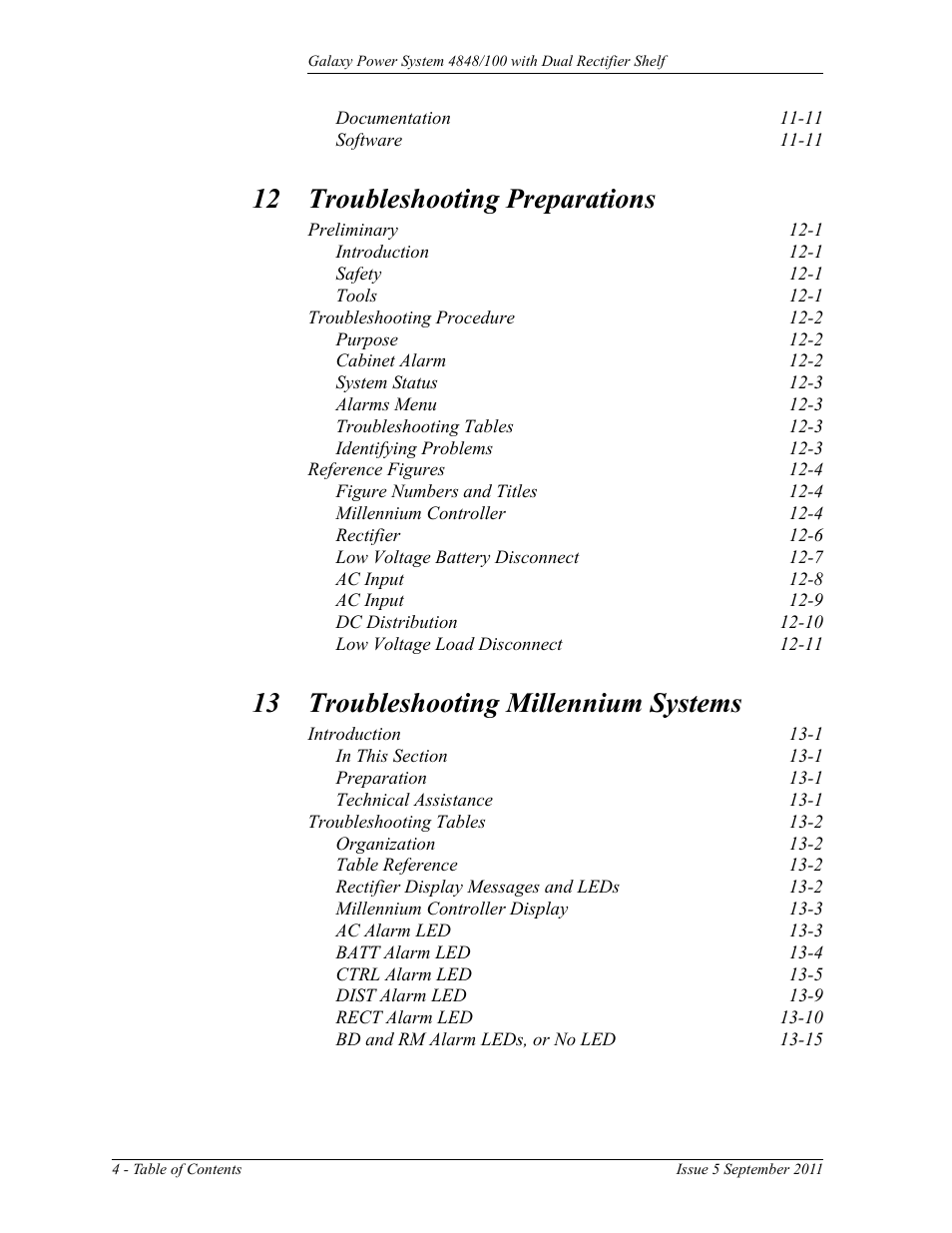 12 troubleshooting preparations, 13 troubleshooting millennium systems | GE Industrial Solutions GPS 4848_100 Users Guide (dual rectifier shelf) User Manual | Page 8 / 118