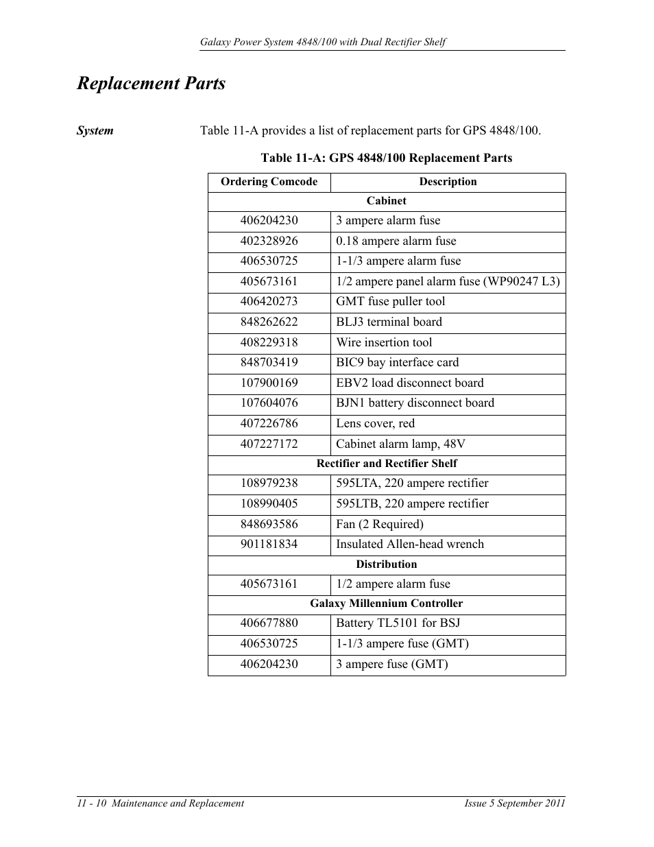 Replacement parts, System, System 11-10 | Table 11-a: gps 4848/100 replacement parts | GE Industrial Solutions GPS 4848_100 Users Guide (dual rectifier shelf) User Manual | Page 82 / 118