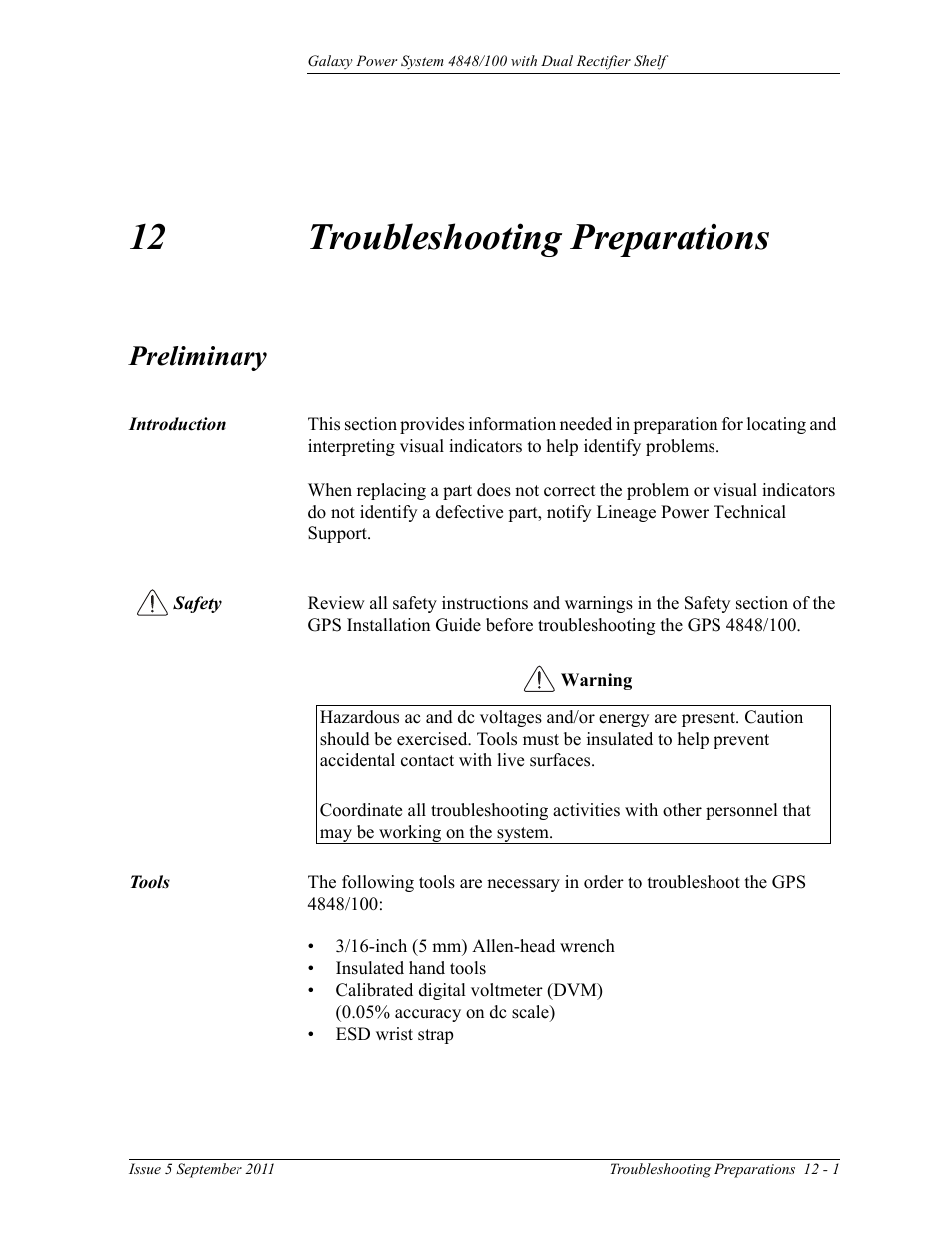 Troubleshooting preparations, Preliminary, Introduction | Safety, Tools, 12 troubleshooting preparations, Preliminary 12-1, Introduction 12-1 safety 12-1 tools 12-1 | GE Industrial Solutions GPS 4848_100 Users Guide (dual rectifier shelf) User Manual | Page 87 / 118