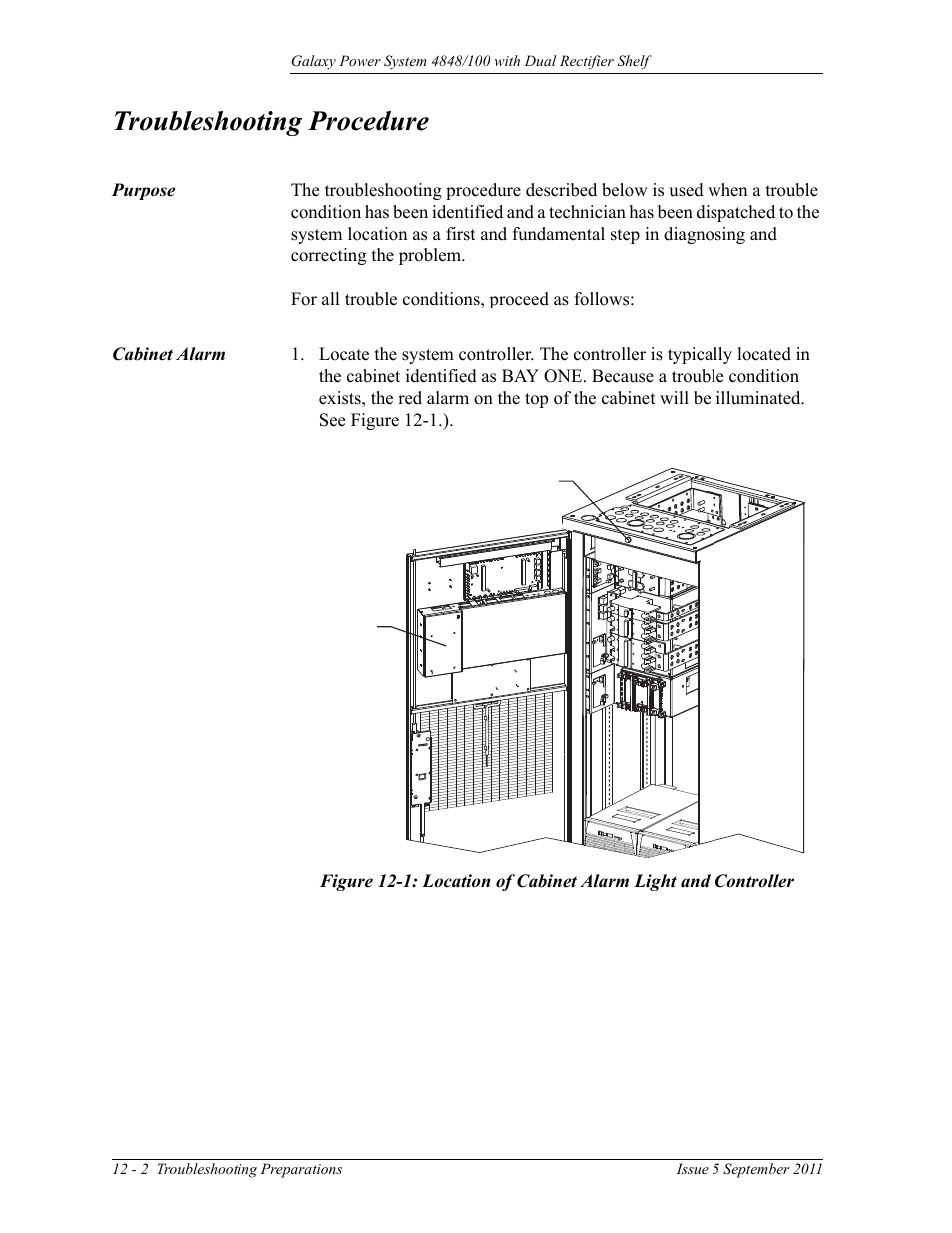 Troubleshooting procedure, Purpose, Cabinet alarm | Purpose 12-2 cabinet alarm | GE Industrial Solutions GPS 4848_100 Users Guide (dual rectifier shelf) User Manual | Page 88 / 118