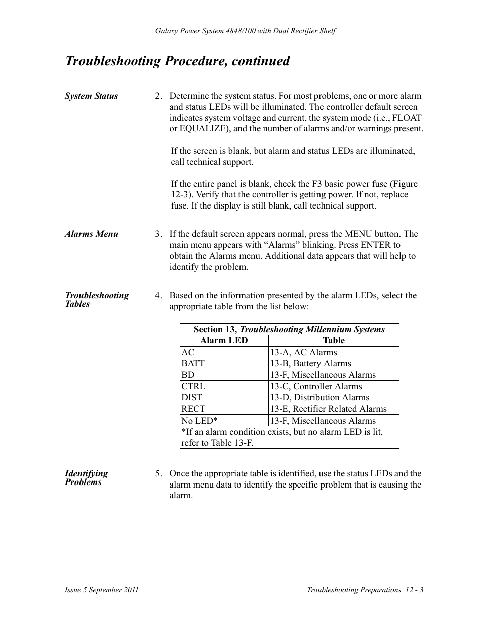 System status, Alarms menu, Troubleshooting tables | Identifying problems, Troubleshooting procedure, continued | GE Industrial Solutions GPS 4848_100 Users Guide (dual rectifier shelf) User Manual | Page 89 / 118