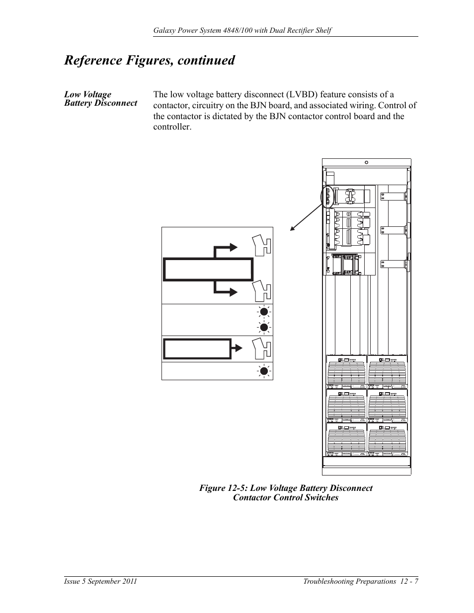 Low voltage battery disconnect, Figure 12-5: low voltage battery disconnect, Contactor control switches | Reference figures, continued | GE Industrial Solutions GPS 4848_100 Users Guide (dual rectifier shelf) User Manual | Page 93 / 118