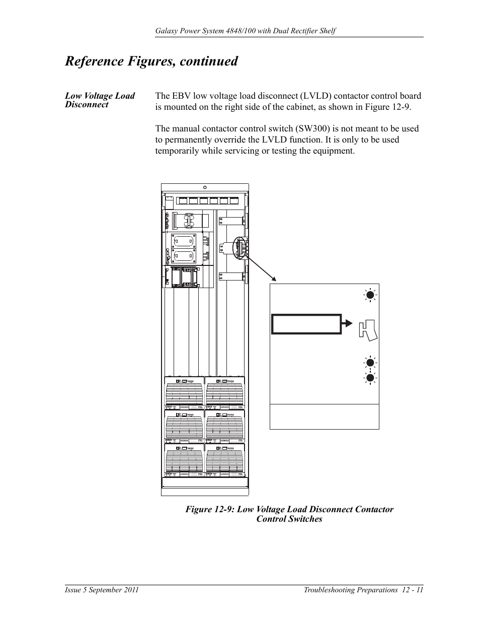 Low voltage load disconnect, Figure 12-9: low voltage load disconnect contactor, Control switches | Reference figures, continued | GE Industrial Solutions GPS 4848_100 Users Guide (dual rectifier shelf) User Manual | Page 97 / 118