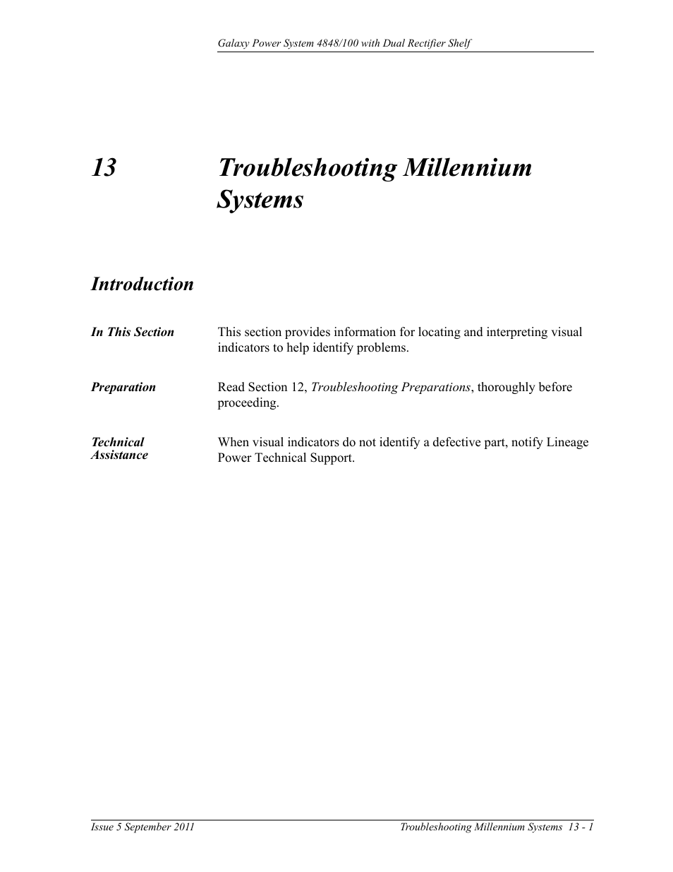 Troubleshooting millennium systems, Introduction, In this section | Preparation, Technical assistance, 13 troubleshooting millennium systems, Introduction 13-1, Preparation 13-1 technical assistance | GE Industrial Solutions GPS 4848_100 Users Guide (dual rectifier shelf) User Manual | Page 99 / 118