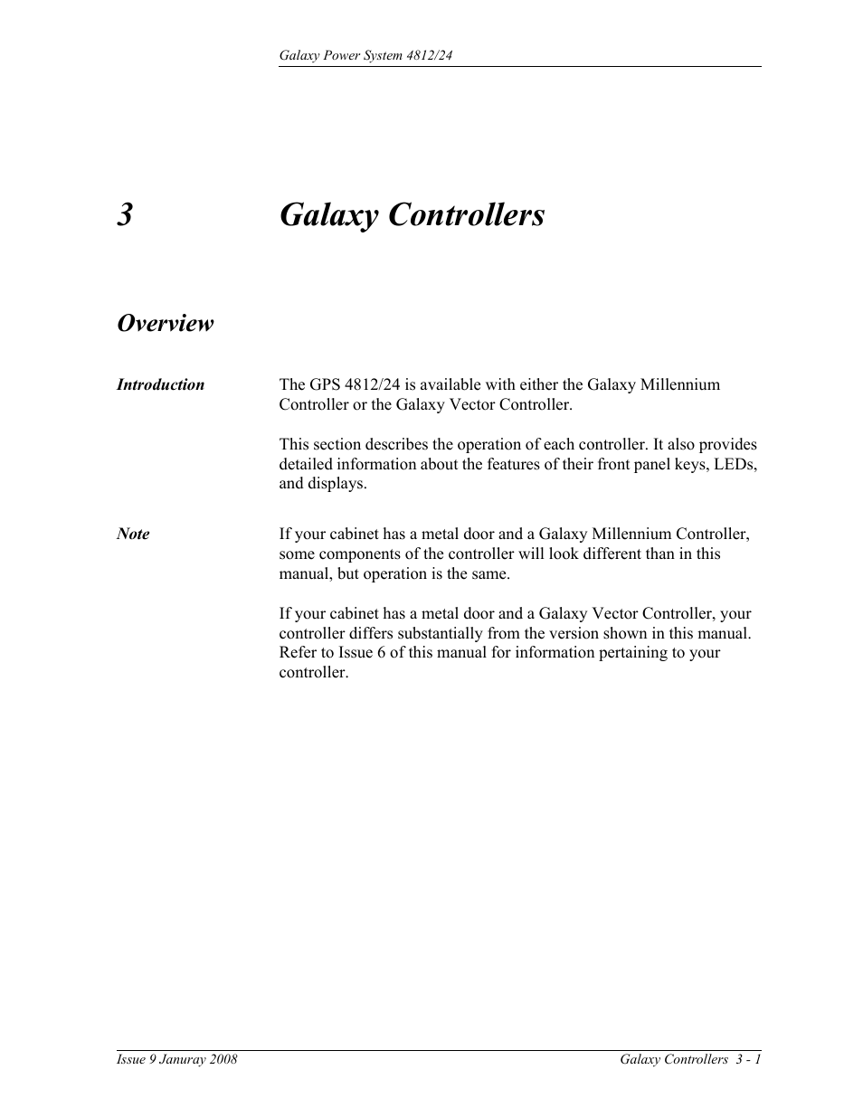 Galaxy controllers, Overview, Introduction | 3 galaxy controllers, Overview 3-1, Introduction 3-1, 3galaxy controllers | GE Industrial Solutions GPS 4812_24 User Manual | Page 29 / 126