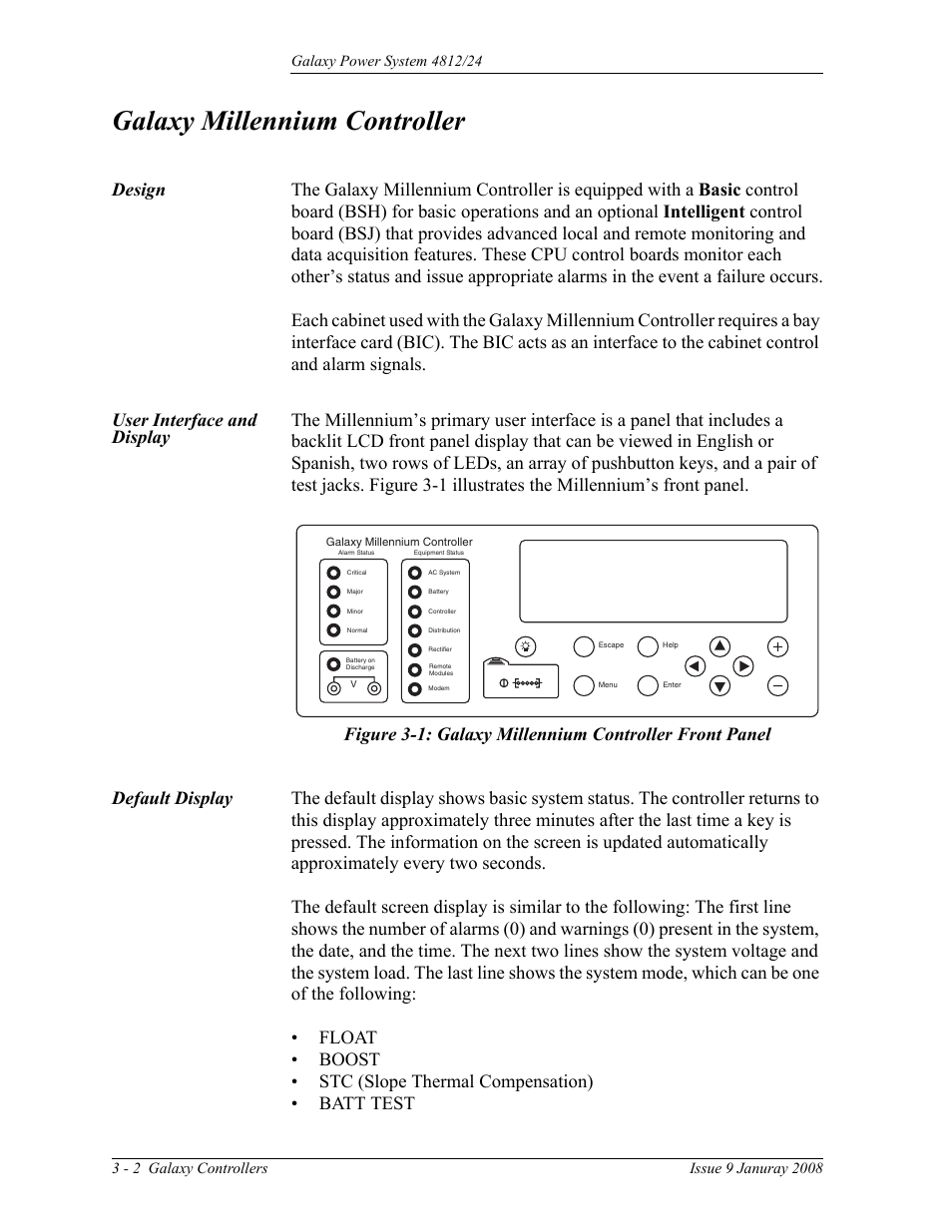 Galaxy millennium controller, Design, User interface and display | Default display, Design 3-2 user interface and display | GE Industrial Solutions GPS 4812_24 User Manual | Page 30 / 126