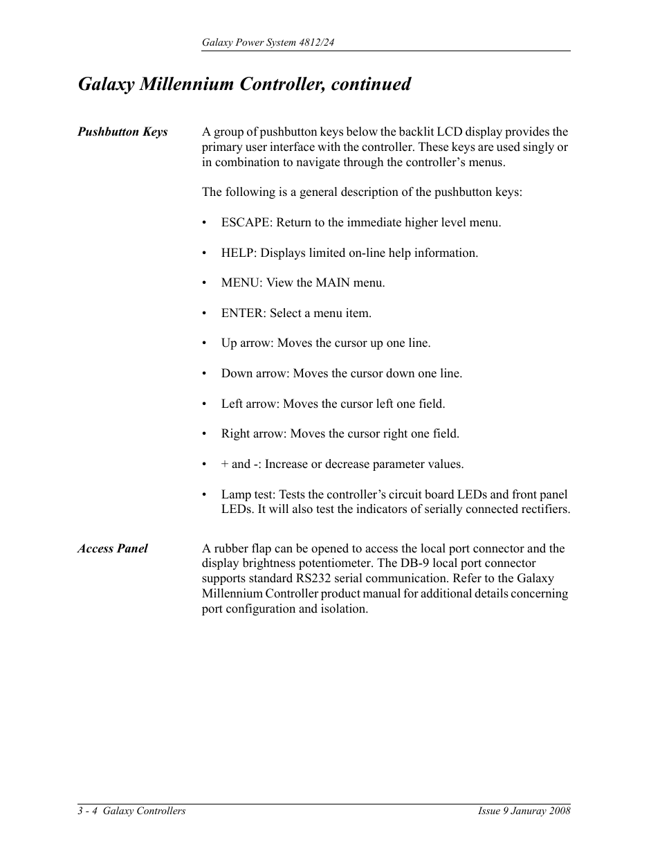 Pushbutton keys, Access panel, Galaxy millennium controller, continued | GE Industrial Solutions GPS 4812_24 User Manual | Page 32 / 126