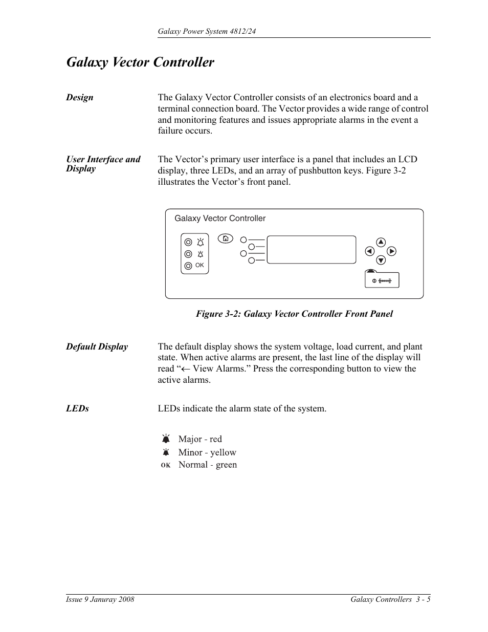 Galaxy vector controller, Design, User interface and display | Default display, Leds, Design 3-5 user interface and display, Leds 3-5, Figure 3-2: galaxy vector controller front panel | GE Industrial Solutions GPS 4812_24 User Manual | Page 33 / 126