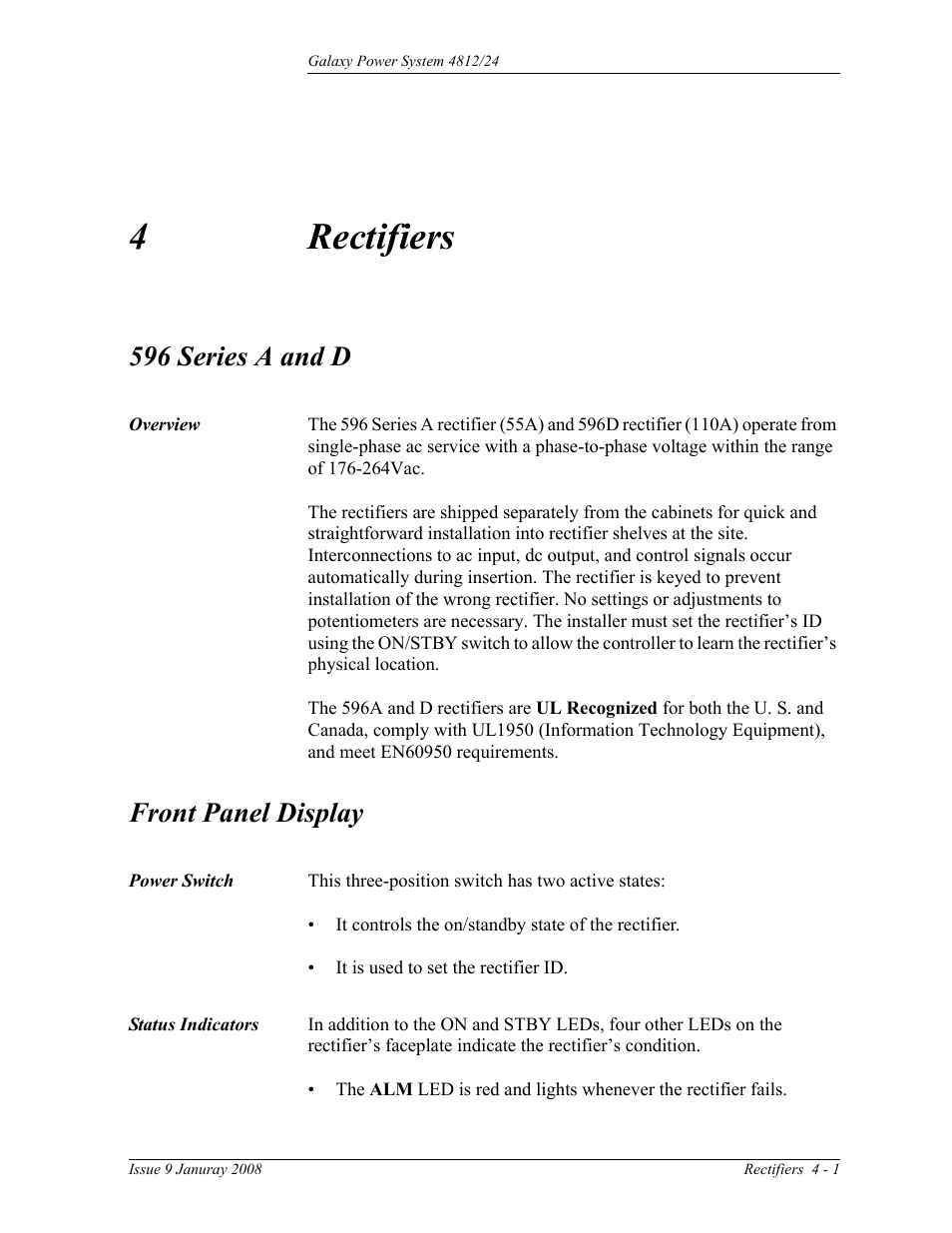 Rectifiers, 596 series a and d, Overview | Front panel display, Power switch, Status indicators, 4 rectifiers, Overview 4-1, 4rectifiers | GE Industrial Solutions GPS 4812_24 User Manual | Page 37 / 126