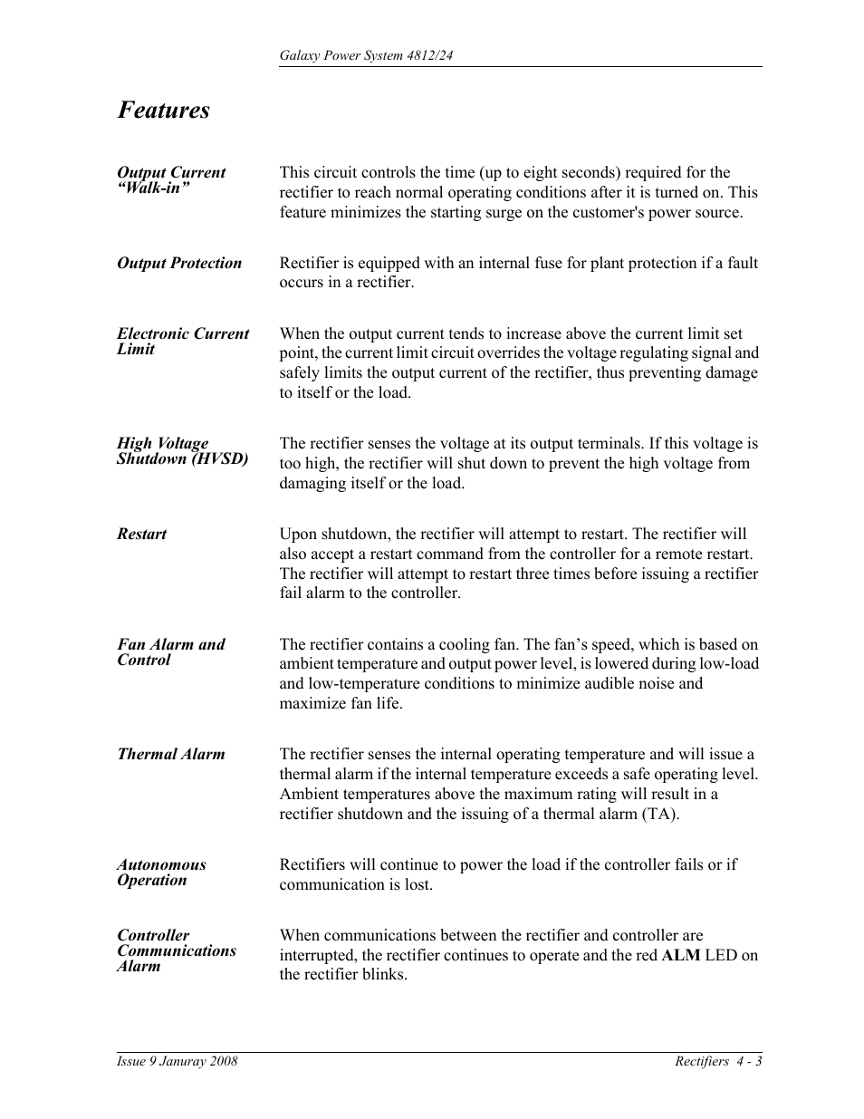 Features, Output current “walk-in, Output protection | Electronic current limit, High voltage shutdown (hvsd), Restart, Fan alarm and control, Thermal alarm, Autonomous operation, Controller communications alarm | GE Industrial Solutions GPS 4812_24 User Manual | Page 39 / 126