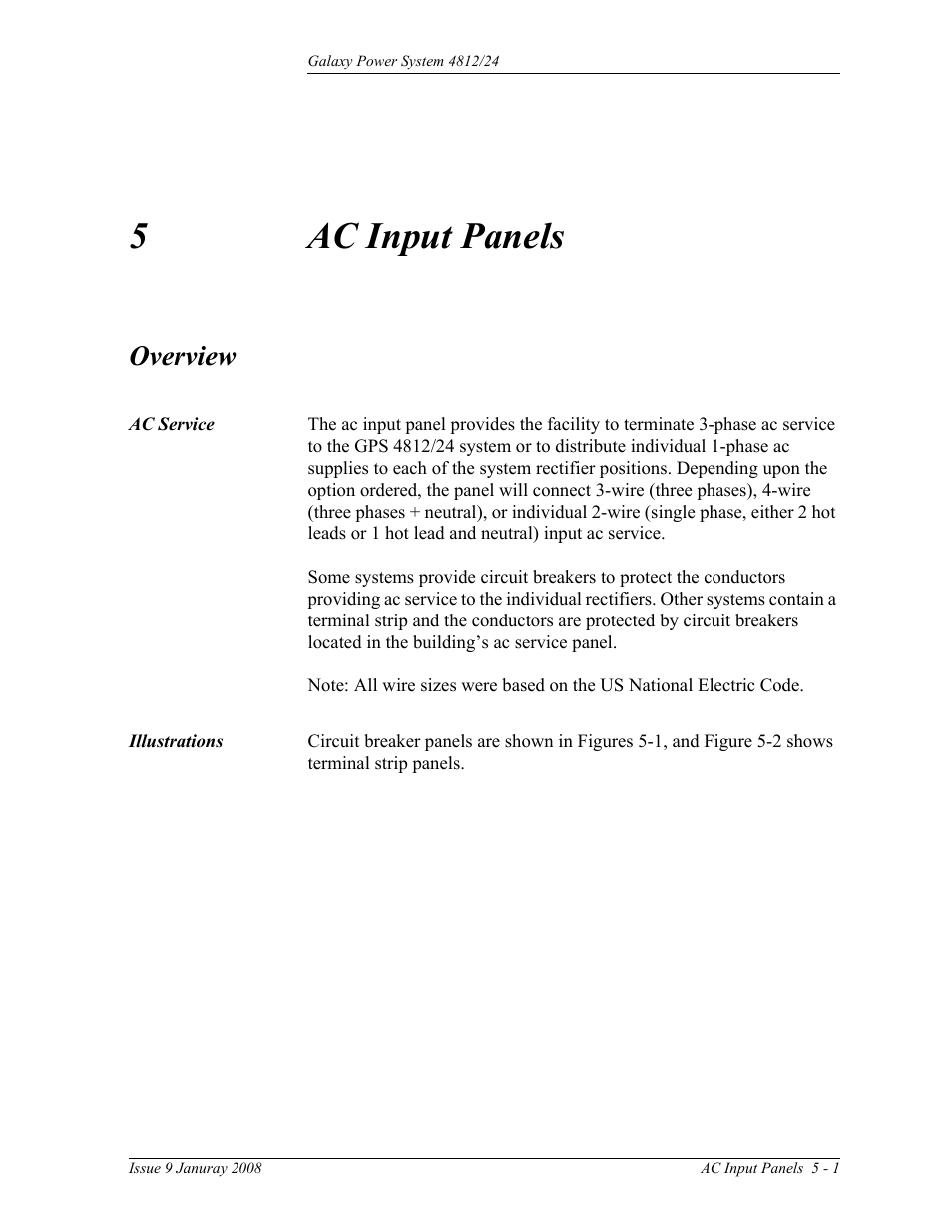 Ac input panels, Overview, Ac service | Illustrations, 5 ac input panels, Overview 5-1, Illustrations 5-1, 5ac input panels | GE Industrial Solutions GPS 4812_24 User Manual | Page 41 / 126