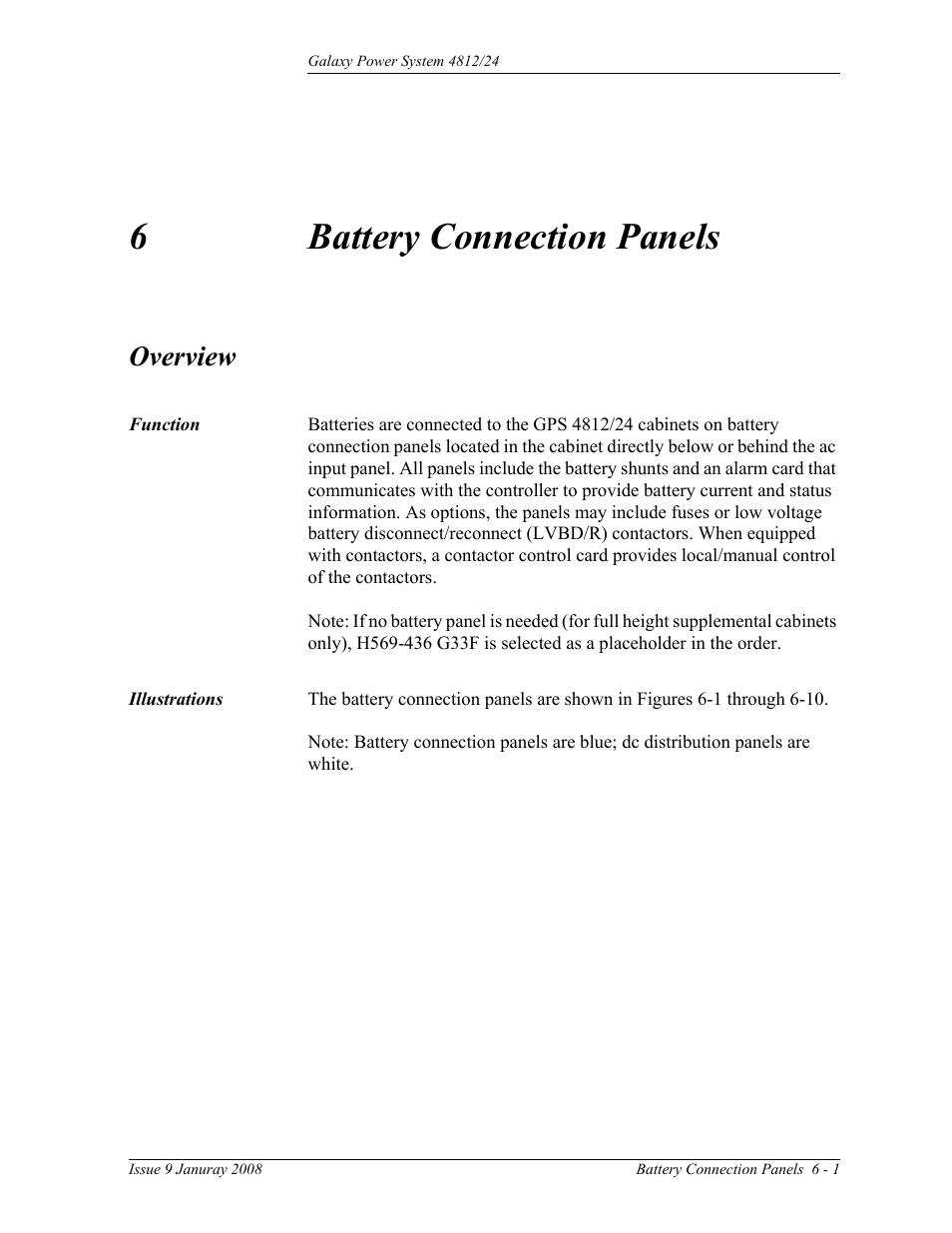 Battery connection panels, Overview, Function | Illustrations, 6 battery connection panels, Overview 6-1, Function 6-1 illustrations 6-1, 6battery connection panels | GE Industrial Solutions GPS 4812_24 User Manual | Page 45 / 126
