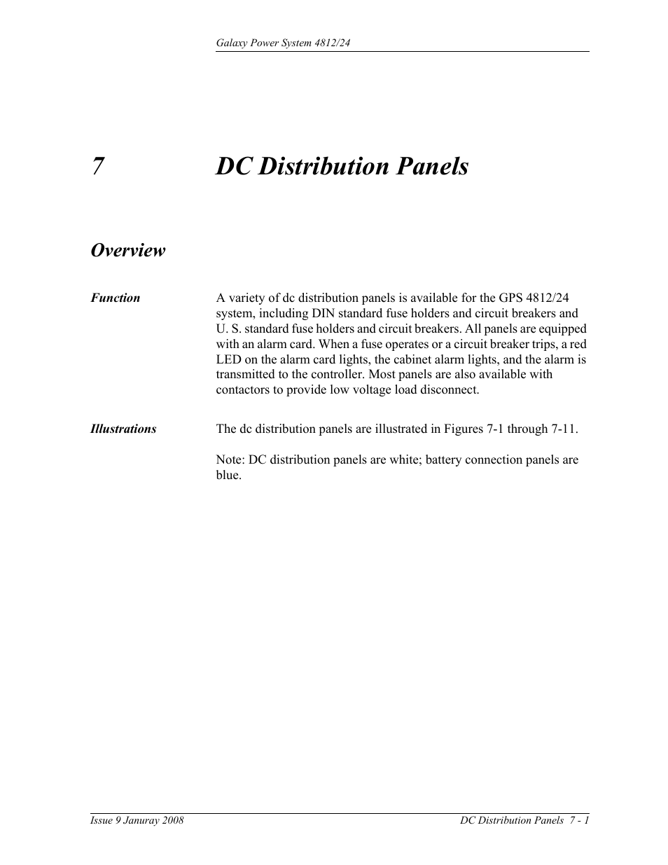 Dc distribution panels, Overview, Function | Illustrations, 7 dc distribution panels, Overview 7-1, Function 7-1 illustrations, 7dc distribution panels | GE Industrial Solutions GPS 4812_24 User Manual | Page 53 / 126