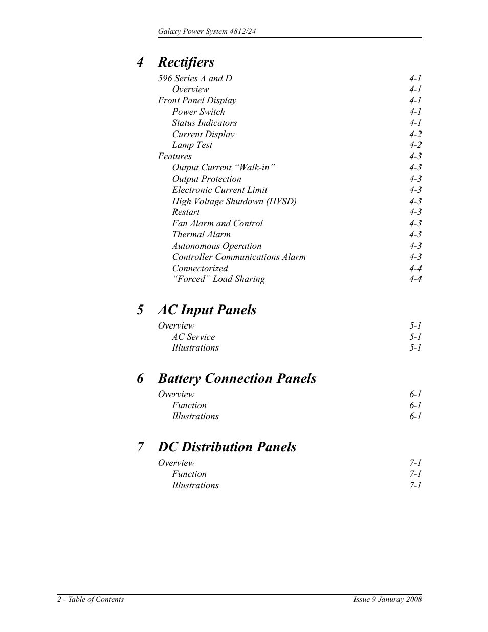 4 rectifiers, 5 ac input panels, 6 battery connection panels | 7 dc distribution panels | GE Industrial Solutions GPS 4812_24 User Manual | Page 6 / 126