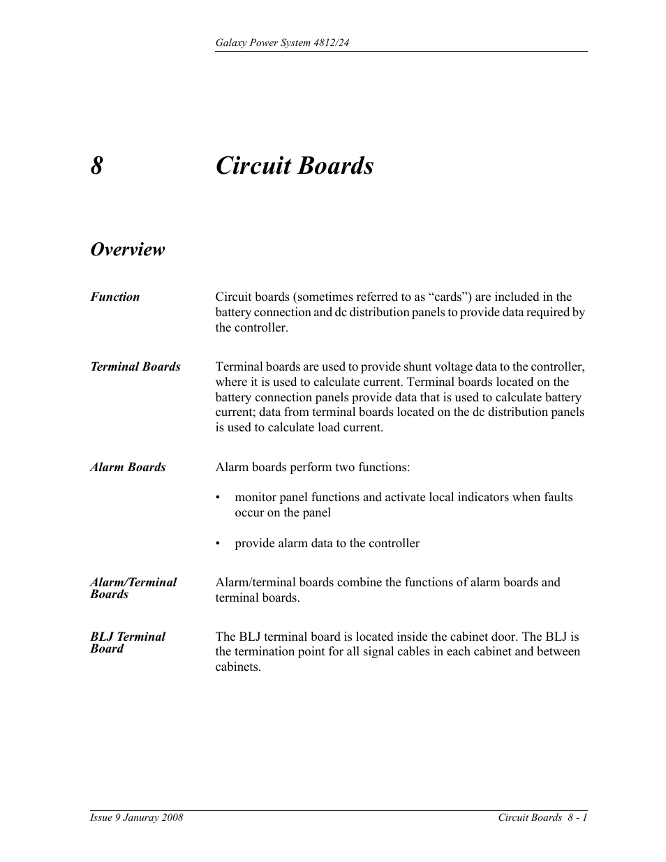 Circuit boards, Overview, Function | Terminal boards, Alarm boards, Alarm/terminal boards, Blj terminal board, 8 circuit boards, Overview 8-1, Function 8-1 terminal boards | GE Industrial Solutions GPS 4812_24 User Manual | Page 61 / 126