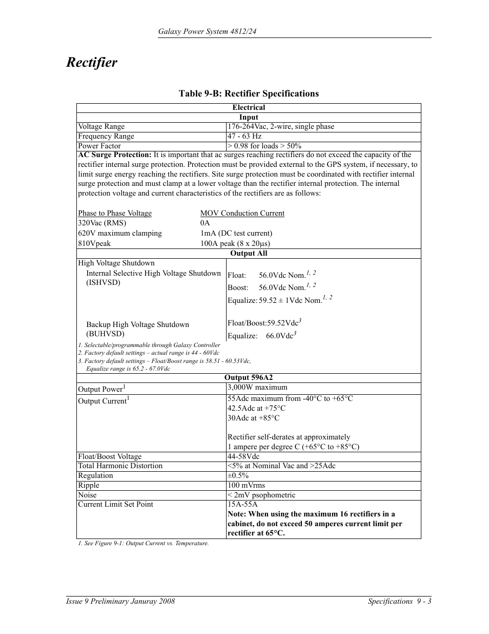 Rectifier, Rectifier 9-3, Table 9-b: rectifier specifications | GE Industrial Solutions GPS 4812_24 User Manual | Page 65 / 126