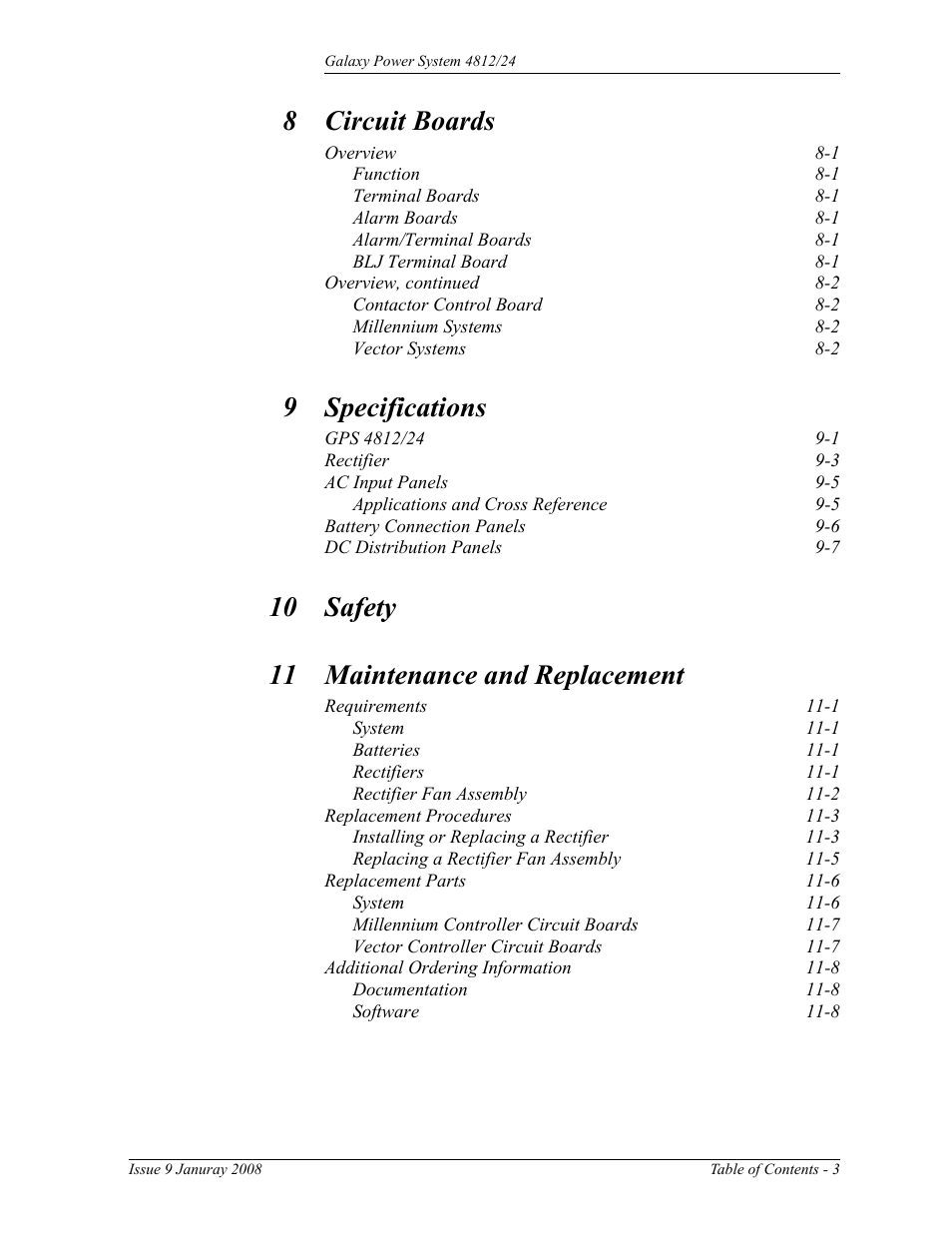 8 circuit boards, 9 specifications, 10 safety 11 maintenance and replacement | GE Industrial Solutions GPS 4812_24 User Manual | Page 7 / 126