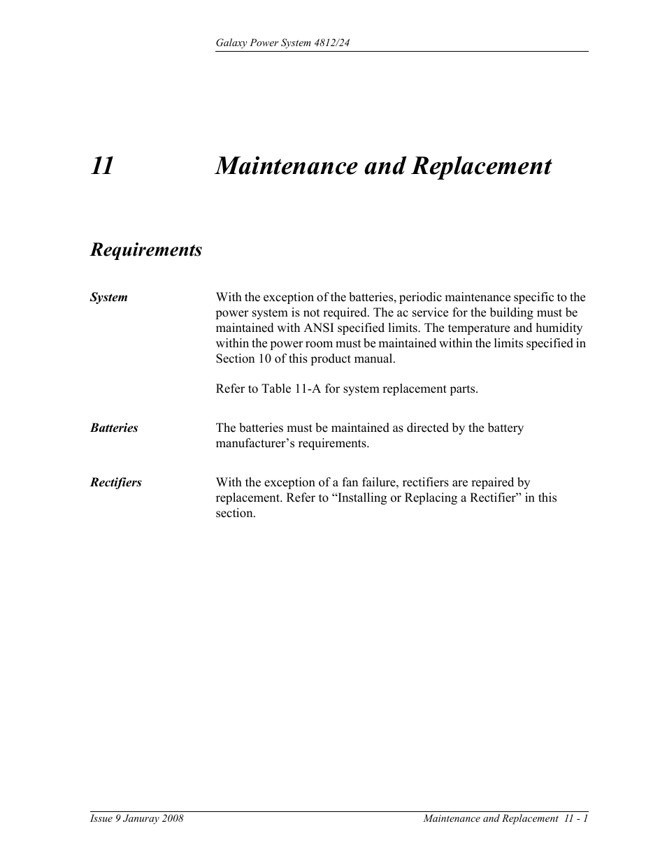 Maintenance and replacement, Requirements, System | Batteries, Rectifiers, 11 maintenance and replacement, Requirements 11-1, System 11-1 batteries 11-1 rectifiers 11-1 | GE Industrial Solutions GPS 4812_24 User Manual | Page 73 / 126
