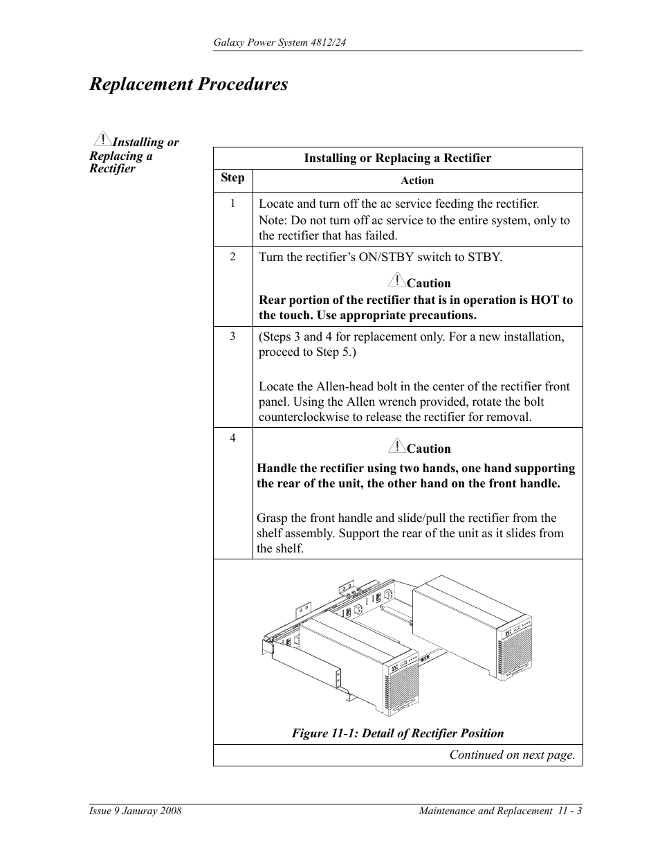Replacement procedures, Installing or replacing a rectifier, Figure 11-1: detail of rectifier position | GE Industrial Solutions GPS 4812_24 User Manual | Page 75 / 126