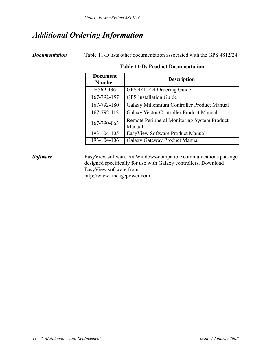 Additional ordering information, Documentation, Software | Documentation 11-8 software, Table 11-d: product documentation | GE Industrial Solutions GPS 4812_24 User Manual | Page 80 / 126