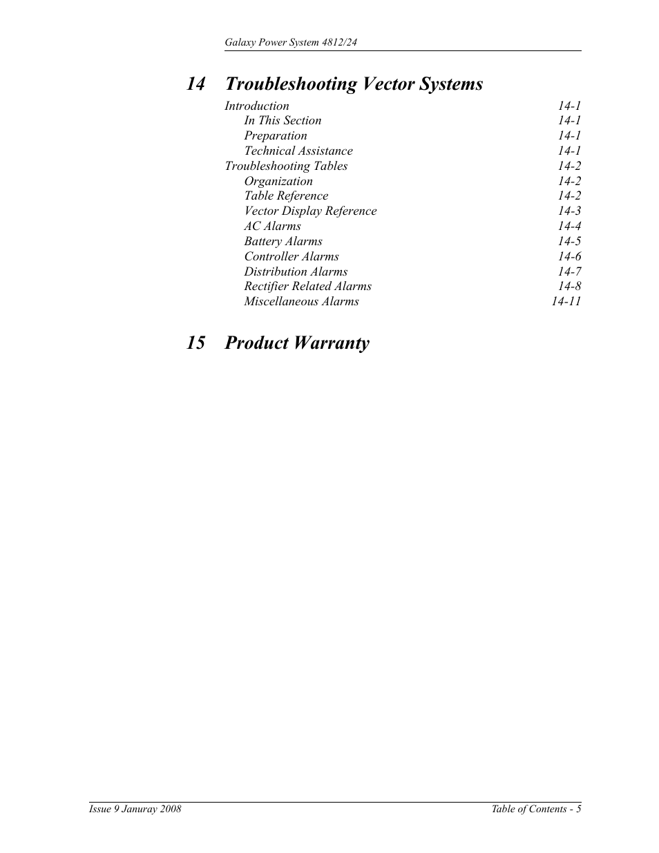 14 troubleshooting vector systems, 15 product warranty | GE Industrial Solutions GPS 4812_24 User Manual | Page 9 / 126