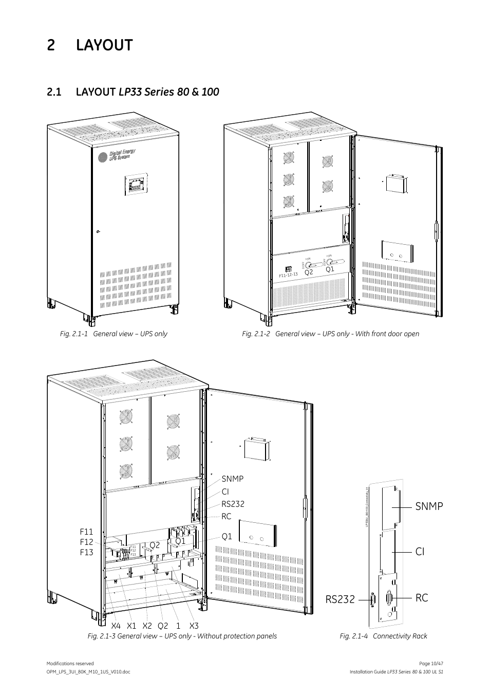 2 layout, 1 layout lp33 series 80 & 100, Layout | Layout lp33 series 80 & 100, Ventilation, Unpacking, Electrical, Common input utility, Customer interfac, Epo with battery disconnection (option) | GE Industrial Solutions LP33 Series 80 & 100 Installation Guide User Manual | Page 10 / 47