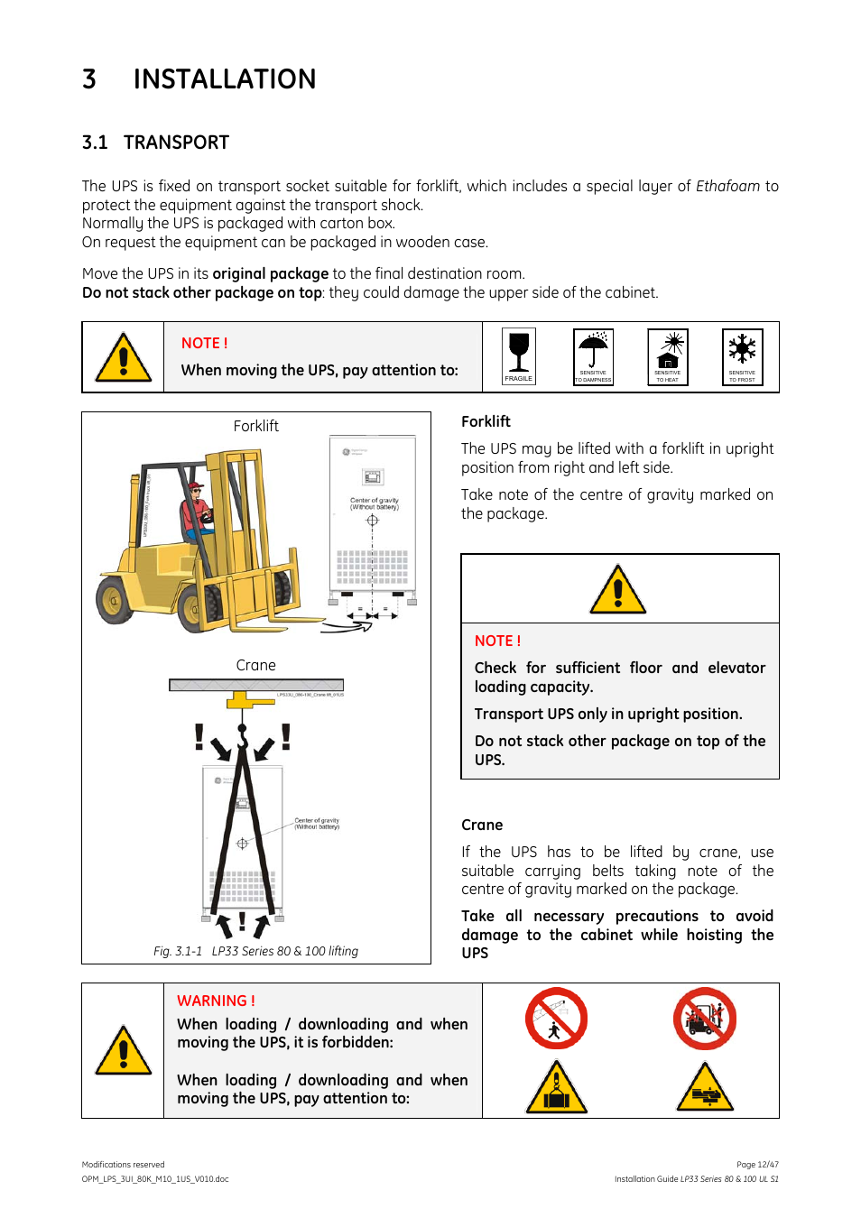 Installation, Transport, Electrical wiring | Utility input, Dual input utili, Battery connection, Notes, Notes form, 3 installation, 1 transport | GE Industrial Solutions LP33 Series 80 & 100 Installation Guide User Manual | Page 12 / 47