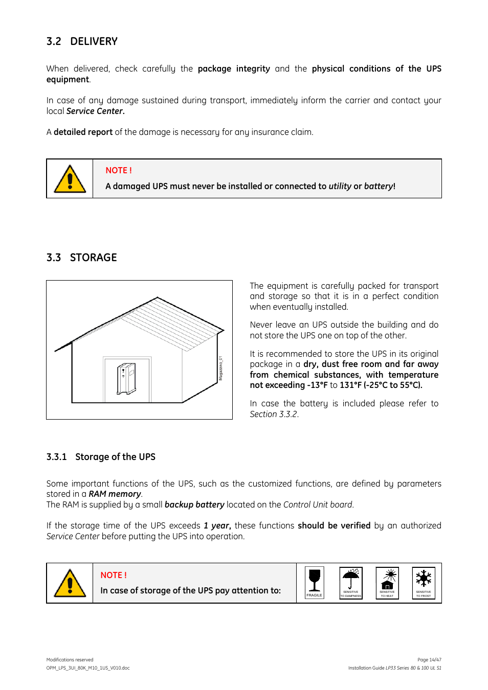 2 delivery, 3 storage, 1 storage of the ups | GE Industrial Solutions LP33 Series 80 & 100 Installation Guide User Manual | Page 14 / 47