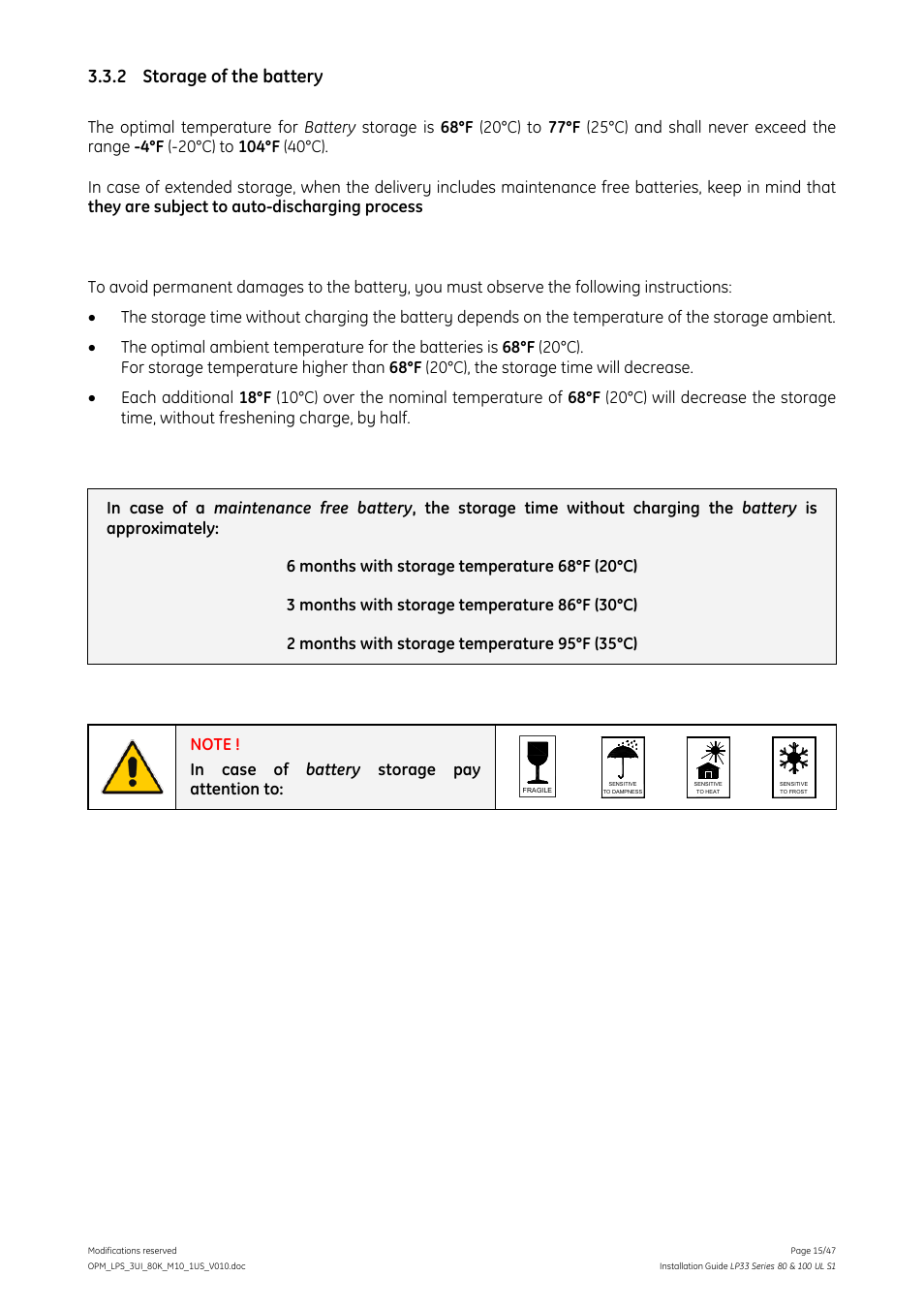 2 storage of the battery | GE Industrial Solutions LP33 Series 80 & 100 Installation Guide User Manual | Page 15 / 47