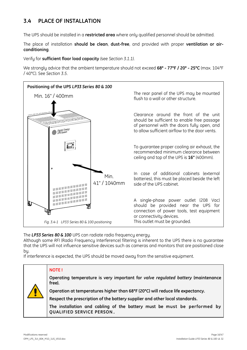 4 place of installation | GE Industrial Solutions LP33 Series 80 & 100 Installation Guide User Manual | Page 16 / 47
