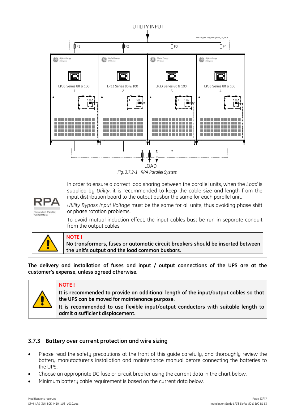 3 battery over current protection and wire sizing, Utility input, Load | GE Industrial Solutions LP33 Series 80 & 100 Installation Guide User Manual | Page 23 / 47