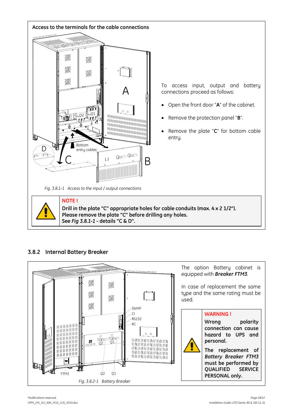 2 internal battery breaker, Access to the terminals for the cable connections | GE Industrial Solutions LP33 Series 80 & 100 Installation Guide User Manual | Page 28 / 47