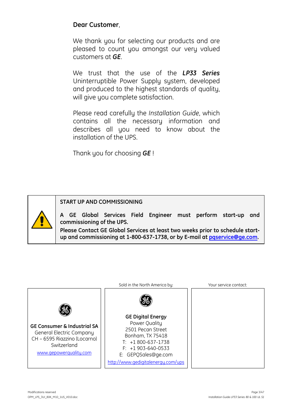 GE Industrial Solutions LP33 Series 80 & 100 Installation Guide User Manual | Page 3 / 47