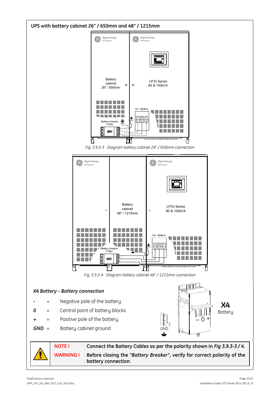 X4 battery - battery connection, Battery | GE Industrial Solutions LP33 Series 80 & 100 Installation Guide User Manual | Page 33 / 47