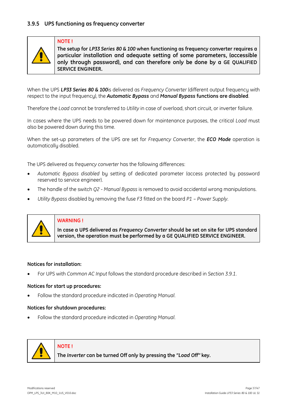 5 ups functioning as frequency converter | GE Industrial Solutions LP33 Series 80 & 100 Installation Guide User Manual | Page 37 / 47