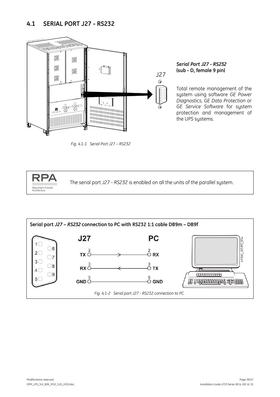 1 serial port j27 - rs232 | GE Industrial Solutions LP33 Series 80 & 100 Installation Guide User Manual | Page 39 / 47